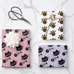 Hoja De Papel De Regalo Meow Black Kitty Cat Fishbone Pattern Pink