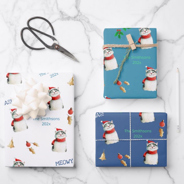 Hoja De Papel De Regalo Meowy Cat Cute Navidades Personalizados (Anverso)