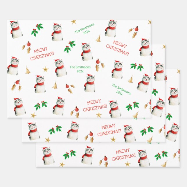 Hoja De Papel De Regalo Meowy Cat Personalized Cute Navidades (Set)