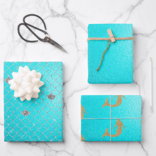 Hoja De Papel De Regalo Mermaid Aqua Gold Sparkke Purpurina