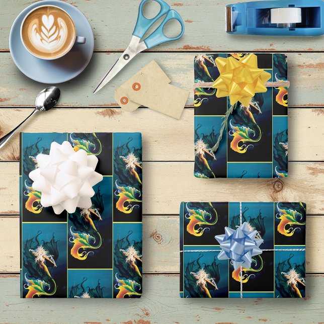 Hoja De Papel De Regalo Mermaid Dragon Fantasy Blue (Subido por el creador)