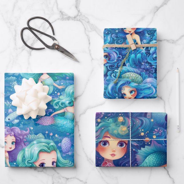 Hoja De Papel De Regalo Mermaidas azules (Anverso)