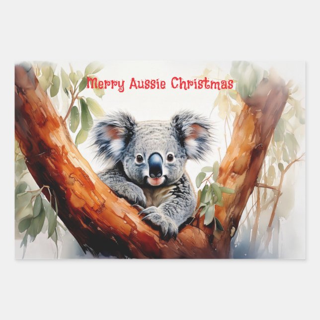 Hoja De Papel De Regalo Merry Aussie Navidades Koala (Anverso)