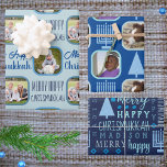 Hoja De Papel De Regalo Merry Blue Interfaith Chrismukkah Assortt<br><div class="desc">Añada esta variedad de hojas de regalo personalizado con sus fotos y un tema de diseño de Menorahs azul claro y árboles de Navidad para una celebración interreligiosa personalizada de Chrismukkah. La hoja de papel de envolvimiento One se coloca sobre un fondo azul pastel con texto tipográfico azul profundo alternando...</div>