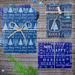 Hoja De Papel De Regalo Merry Blue Interfaith Todo Añadir nombre de hijos<br><div class="desc">Añada esta FELIZ FELIZ TODO el surtido personalizado de hojas de envoltura de regalo con el nombre de su hijo y un tema de diseño de tipografía de fuentes mixtas azul claro y Menorahs azul pastel y árboles navideños a uno de los amables Hanukkah personalizados, Navidades o celebración de Chrismukkah...</div>