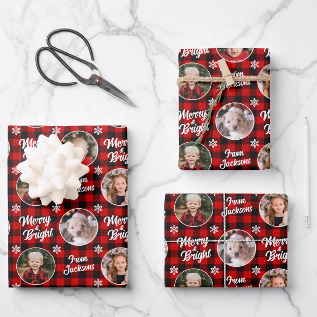 Hoja De Papel De Regalo Merry&Bright 4 fotos Navidades Red Buffalo Plaid (Anverso)