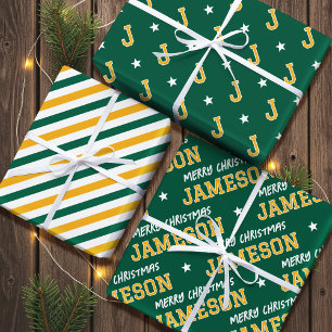 Hoja De Papel De Regalo Merry Christmas Custom Name Monograma Green Gold