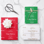 Hoja De Papel De Regalo Merry Christmas Custom Name Red White Green<br><div class="desc">Feliz Navidad Nombre personalizado Rojo Verde Blanco. Envoltura personalizada con tu nombre para un toque especial para tus regalos festivos! 3 sábanas de diferentes colores,  rojo y blanco,  verde y blanco y dorado.</div>