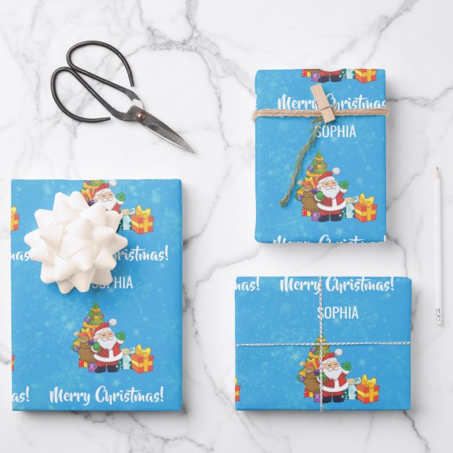 Hoja De Papel De Regalo Merry Christmas Cute Santa Personaliza Nombre Azul (Anverso)