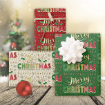 Hoja De Papel De Regalo Merry Christmas Gold Script<br><div class="desc">envuelva todos sus regalos de vacaciones con esta elegante tipografía de guion dorado en 3 hojas de coordinación de colores diferentes. Las sábanas rojas,  verdes y doradas le dan un toque tradicional fresco. el oro se simula en el diseño.</div>