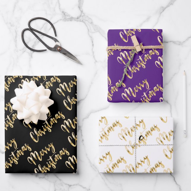 Hoja De Papel De Regalo Merry Christmas gold script morado negro blanco (Anverso)