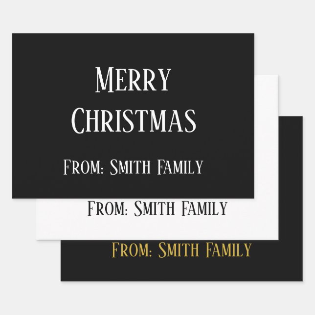 Hoja De Papel De Regalo Merry Christmas Name Monogram Gold Black White (Set)