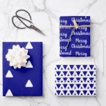 Hoja De Papel De Regalo Merry Christmas Navy White Triangle<br><div class="desc">Conjunto moderno y elegante que combina Navidades blancos y marinos. Con un diseño de tipografía con el mensaje "¡Feliz Navidad!" y patrones abstractos de triángulo. El conjunto se coordina en tonos blanco y azul marino. Para cambiar el mensaje de vacaciones, simplemente agregue el texto en el cuadro personalizar este. Para...</div>