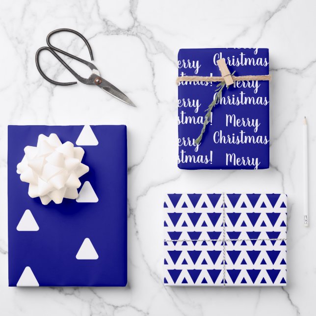 Hoja De Papel De Regalo Merry Christmas Navy White Triangle (Anverso)