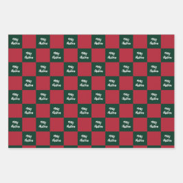 Hoja De Papel De Regalo Merry Christmas Script Green and Red Checkerboard