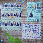 Hoja De Papel De Regalo Merry Navy Interfaith Todo Añadir nombre de niños<br><div class="desc">Añada esta FELIZ FELICIDAD DE TODO el surtido personalizado de hojas de envoltura de regalo con el nombre de su hijo y un tema de diseño de tipografía de fuentes mixtas azul oscuro y Menorahs azul marino y árboles de Navidad a uno de los amables Hanukkah personalizados, Navidades o celebración...</div>