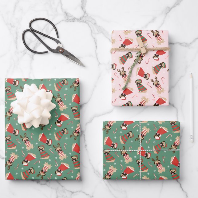 Hoja De Papel De Regalo Merry Woofmas Pug Dogs (Anverso)