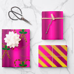 Hoja De Papel De Regalo Metallic Gold and Pink Christmas<br><div class="desc">A contemporary and luxurious pink and gold Christmas wrapping paper set featuring a variety of elegant, pink Christmas paper sheets. The patterns include a dark pink sheet with golden candy canes in shiny metallic gold, a sheet with a plain pink gradient pattern and a diagonally striped pattern in pink and...</div>