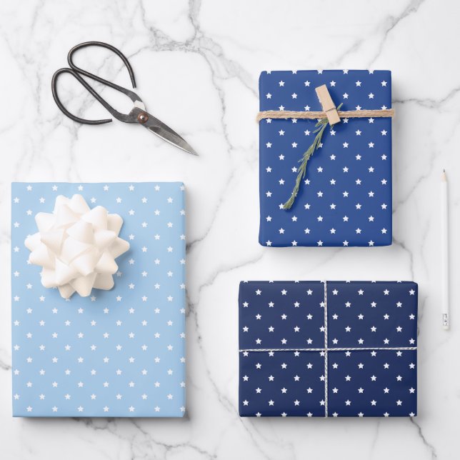 Hoja De Papel De Regalo Micro Estrellas Blancas - 3 Azules (Anverso)