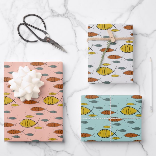Hoja De Papel De Regalo Mid Century Moderno Fish Era Atómica Pink Blue Gra (Anverso)