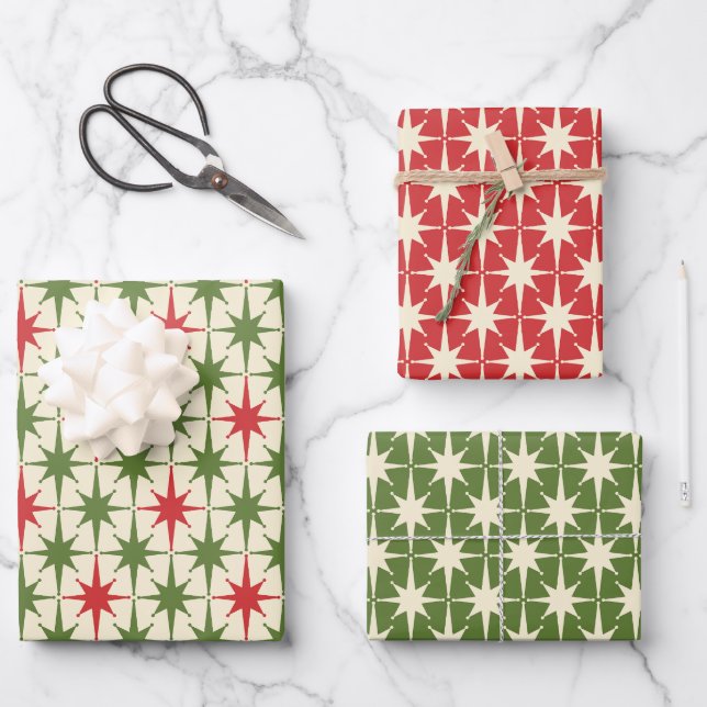 Hoja De Papel De Regalo Midcentury Modern Retro Christmas Starbursts (Anverso)