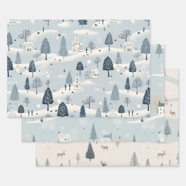 Hoja De Papel De Regalo Minimal Blue Snowy Village (Set)