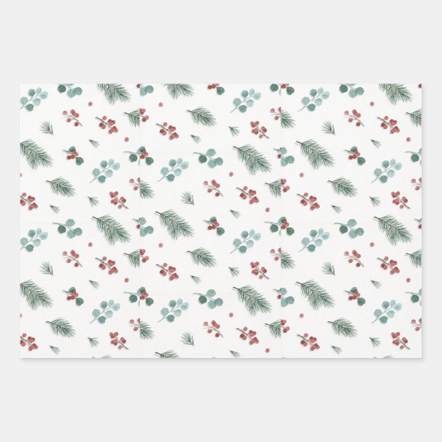 Hoja De Papel De Regalo Minimal Christmas Pattern, Pine & Berries  (Anverso)