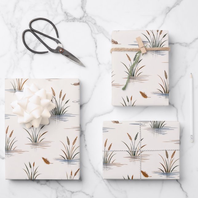 Hoja De Papel De Regalo Minimal Marsh Grass Water Ripple Feather Pattern (Anverso)