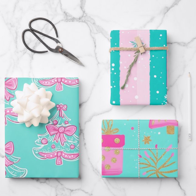 Hoja De Papel De Regalo Mint and Pink Christmas (Anverso)