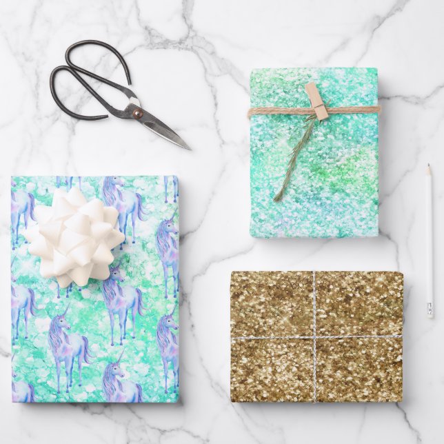 Hoja De Papel De Regalo Mint Aqua Confetti Purpurina Unicorn (Anverso)