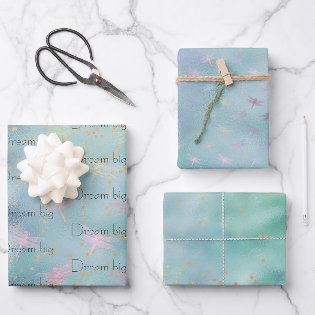 Hoja De Papel De Regalo Mint Aqua Gold Confetti Dreamly Dragonflies (Anverso)