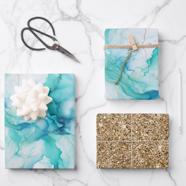 Hoja De Papel De Regalo Mint Aqua Gold Ink Marble (Anverso)