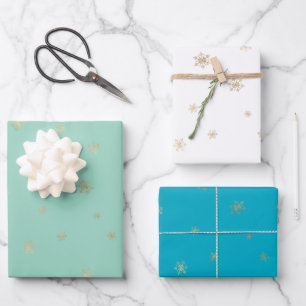 Hoja De Papel De Regalo Mint Aqua Navidades Copos de nieve de oro