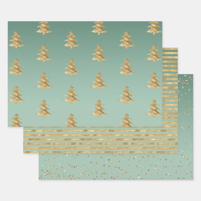Hoja De Papel De Regalo Mint Green Gold Stripes Christmas Trepes Confetti (Set)