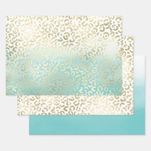 Hoja De Papel De Regalo Mint Watercolor Ombre Glam Gold Leopardo