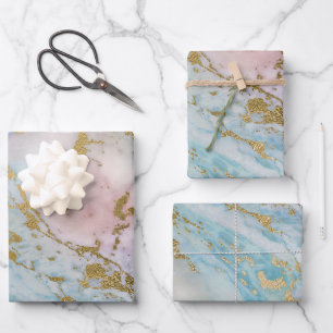 Hoja De Papel De Regalo Mirage de mármol rosa, azul y dorado