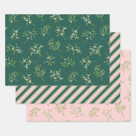 Hoja De Papel De Regalo Mistletoe Stripes Green Rosa
