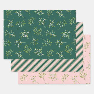 Hoja De Papel De Regalo Mistletoe Stripes Green Rosa