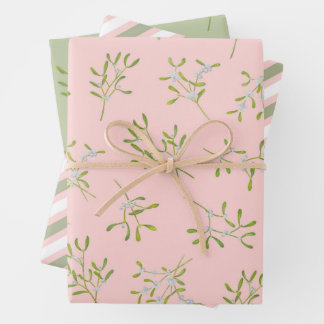 Hoja De Papel De Regalo Mistletoe Stripes Rosa Green