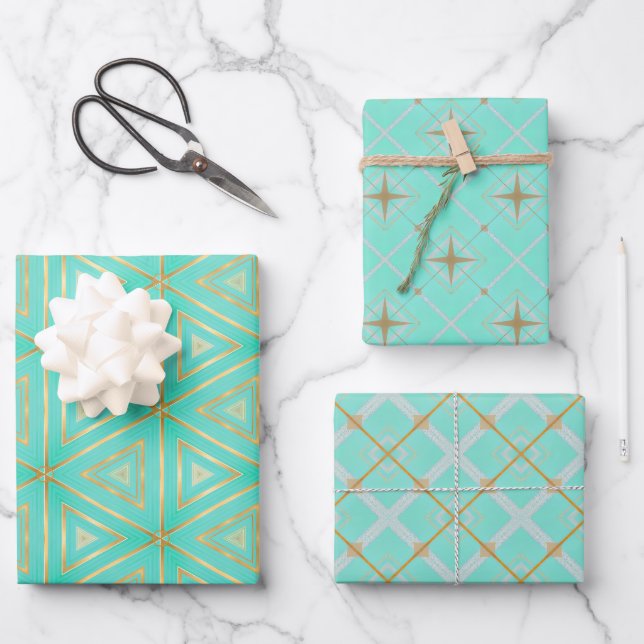 Hoja De Papel De Regalo Moda Aqua Blue y Gold Geometric (Anverso)