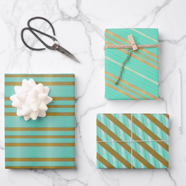 Hoja De Papel De Regalo Moda Aqua Blue y Gold Striping (Anverso)