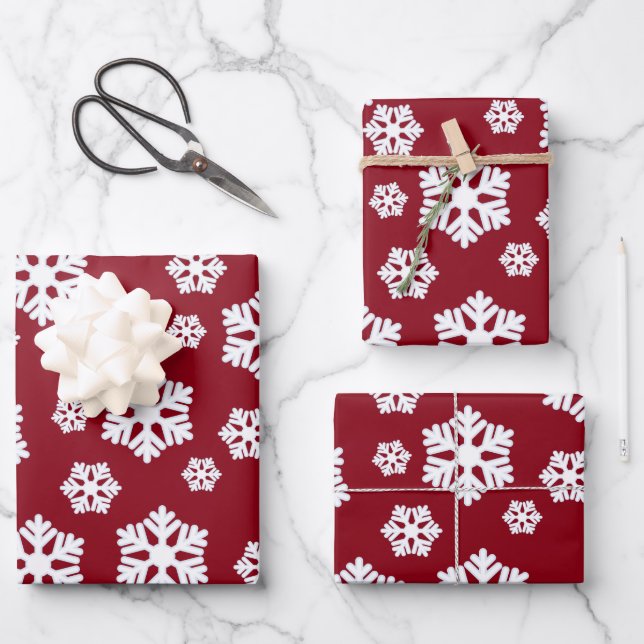 Hoja De Papel De Regalo Moda Blanco copos de nieve patrón nórdico en rojo  (Anverso)