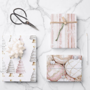 Hoja De Papel De Regalo Moda Casa Blanca Mint Árboles de Navidad rosados