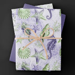 Hoja De Papel De Regalo Moda costera | Púrpura divertida y verde bajo el m<br><div class="desc">El diseño de la playa, pintado a mano con una pintada a mano de una pintada de lavanda, morada y lima verde, da un toque moderno a una temática antigua. La colección cuenta con conchas de concha, pez estrella, un caballito de mar y arrecife de coral que complementan los tonos...</div>