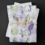 Hoja De Papel De Regalo Moda costera | Púrpura y verde bajo el mar<br><div class="desc">El diseño de la playa, pintado a mano con una pintada a mano de una pintada de lavanda, morada y lima verde, da un toque moderno a una temática antigua. La colección cuenta con conchas de concha, pez estrella, un caballito de mar y arrecife de coral que complementan los tonos...</div>