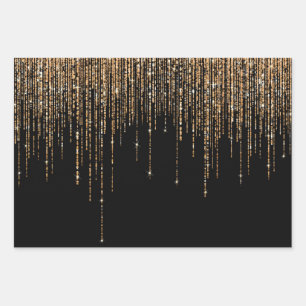 Hoja De Papel De Regalo Moda de lujo Black Gold Sparkly Purpurina Fringe