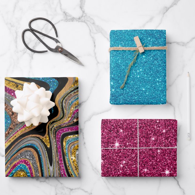 Hoja De Papel De Regalo Moda Esparkle Purpurina arte de mármol rosa azul (Anverso)