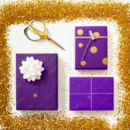 Hoja De Papel De Regalo Moda Feliz Guión de Navidad Morado y Oro