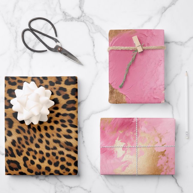 Hoja De Papel De Regalo Moda Leopardo Marrón Imprimir Oro Rosa (Anverso)