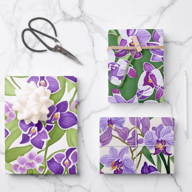 Hoja De Papel De Regalo Moda Morado acuarela Orquídea (Anverso)